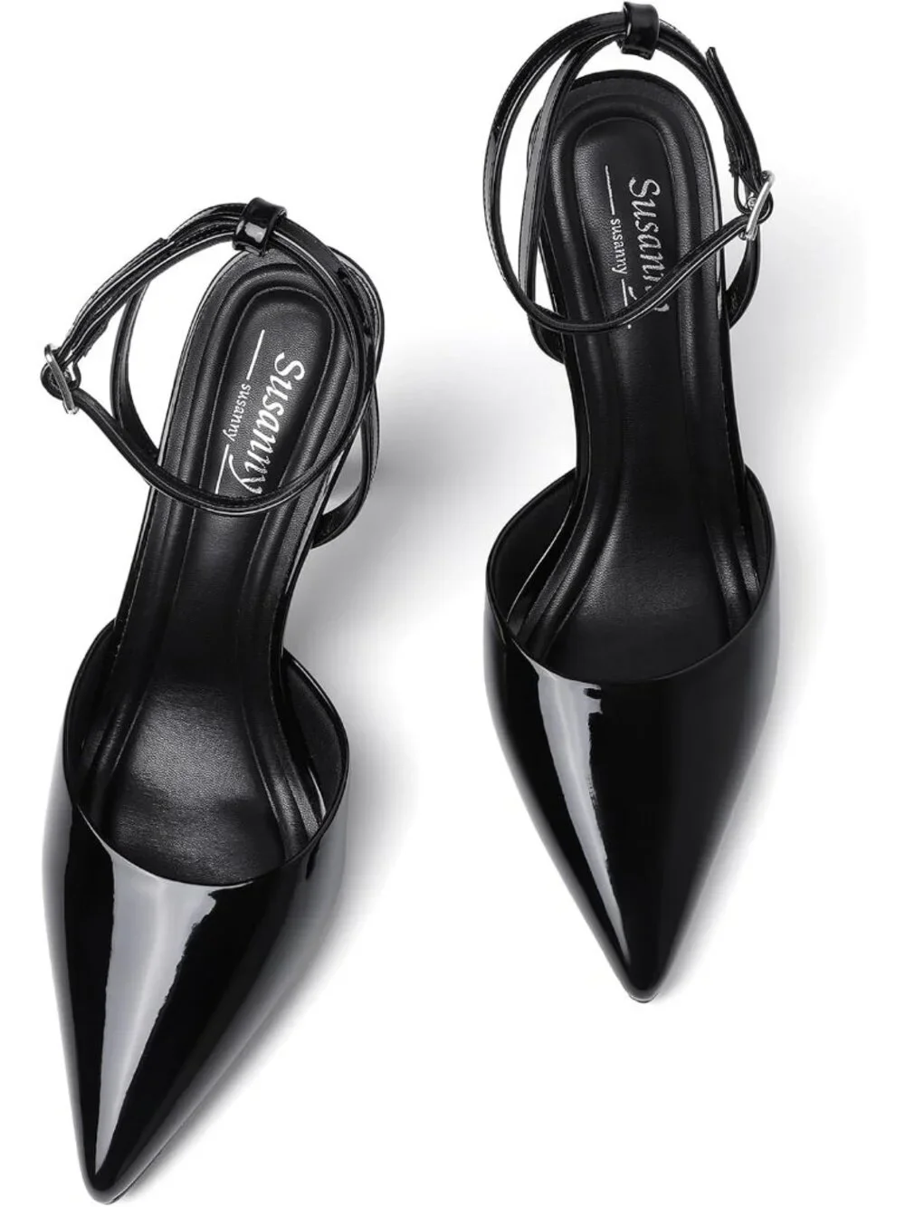 Women's Black Patent Elegant Closed Pointed Toe Strappy Stiletto Pumps Shoes